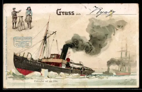 Künstler-AK Hans Bohrdt: Eisbrecher auf der Elbe, Fahrrad-Werbung