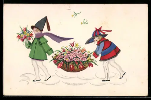 Künstler-AK Mela Köhler: Zwei Kinder tragen eine Korb voller Blumen