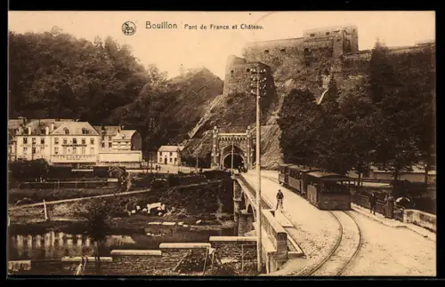 AK Bouillon, Pont de France et Chateau, belgische Eisenbahn