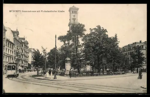 AK München, Sonnenstrasse mit Protestantischer Kirche und Strassenbahn