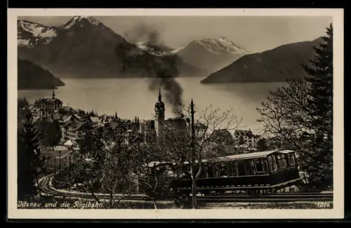 AK Vitznau, die Rigibahn über der Stadt am See