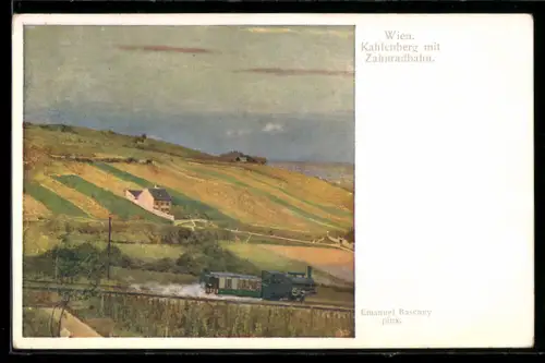 Künstler-AK Wien, Kahlenberg mit Zahnradbahn