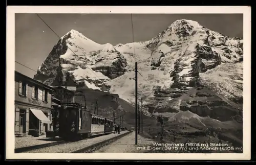 AK Wengernalp, Bergbahn-Station mit Eiger und Mönch