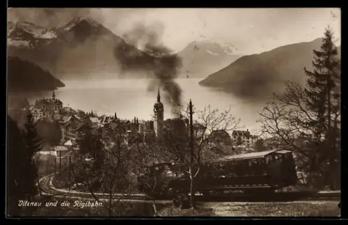 AK Vitznau, die Rigibahn über der Stadt am See