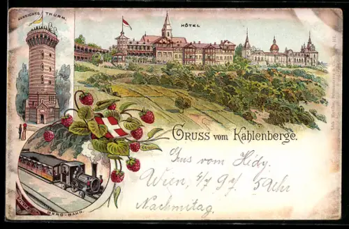 Lithographie Wien, Bergbahn, Hotel auf dem Kahlenberg, Aussischtsturm, Wappen