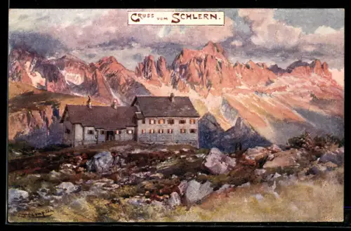 Künstler-Lithographie Edward Theodore Compton: Schlern, Partie mit Berghütte