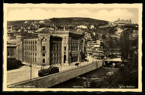 AK Sarajevo, Rathaus mit Strassenbahn