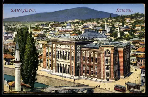 AK Sarajevo, Strassenbahnen vor dem Rathaus