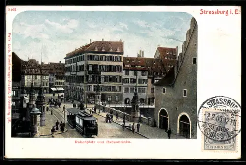 AK Strassburg, Strassenbahn passiert die Rabenbrücke zum Rabenplatz