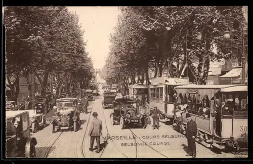 AK Marseille, Strassenbahnen am Belsunce Course