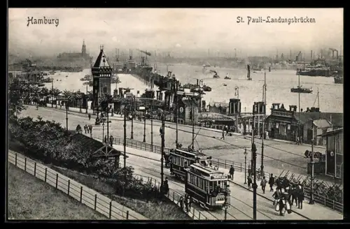 AK Hamburg-St. Pauli, Landungsbrücken, Strassenbahn