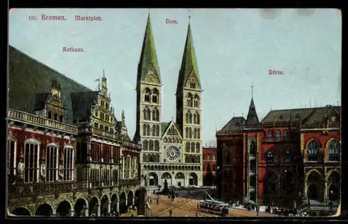 AK Bremen, Rathaus, Dom, Börse, Strassenbahn