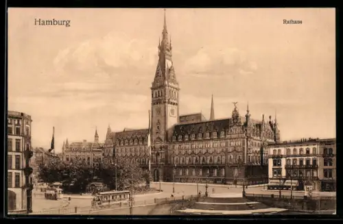 AK Hamburg, Rathaus mit Strassenbahnen