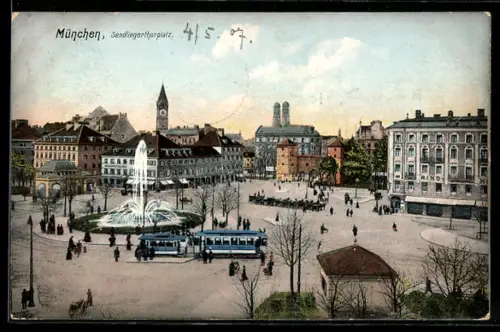AK München, Sendlingertorplatz mit Strassenbahn und Springbrunnen