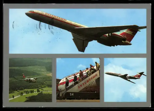 AK Flugzeug der Fluggesellschaft Interflug am Himmel, Passagiere auf der Gangway