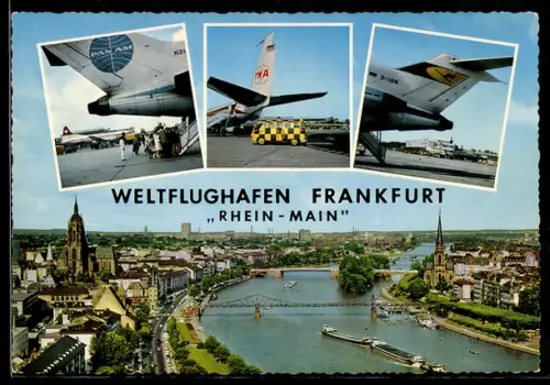 AK Frankfurt, Welt-Flughafen Rhein-Main, Stadt-Panorama