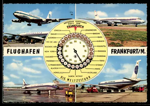 AK Flughafen Frankfurt am Main, Flugzeug Pan American, Flugzeug Air France, Die Weltzeituhr