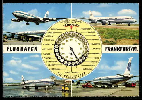 AK Flughafen Frankfurt am Main, Flugzeug Pan American, Flugzeug Air France, Die Weltzeituhr