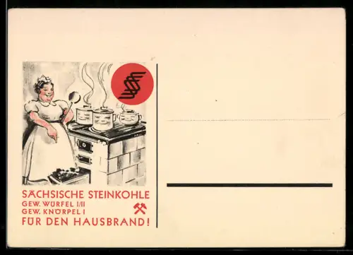 AK Sächsische Steinkohle, Frau mit Kochlöffel am Herd