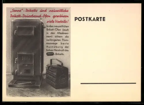 Reklame-AK Sonne-Briketts für den Ofen, Kohle