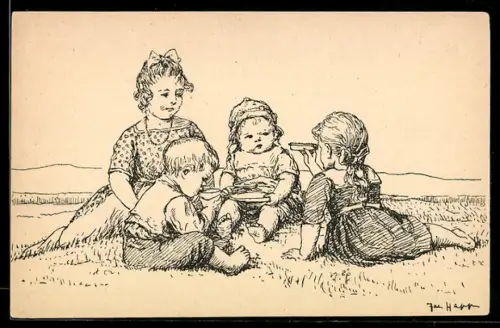 Künstler-AK Frankfurter Kinderhilfe, Kinder essen und trinken auf der Wiese