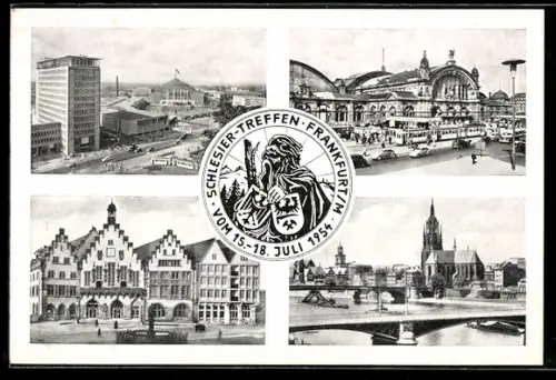 AK Frankfurt am Main, Schlesier-Treffen 1954, Messegelände, Hauptbahnhof, Römer