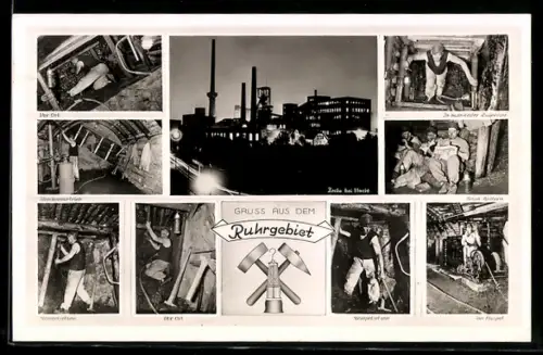 AK Zeche bei Nacht, Streckenvortrieb, Stempelsetzen, beim Buttern, Kohlebergwerk