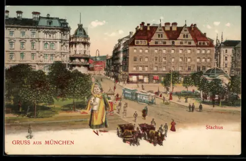 AK München, Stachus mit Strassenbahn, Münchner Kindl