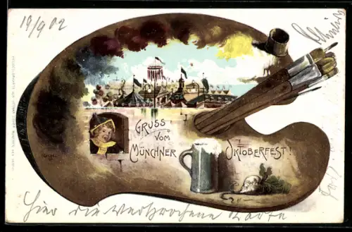 Passepartout-Lithographie München, Blick über das Oktoberfest, Palette mit Pinseln, Bierkrug und Münchner Kindl