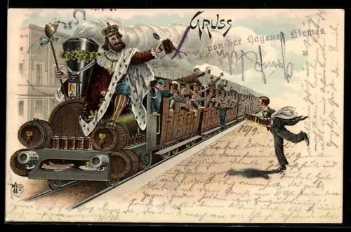 Lithographie Dortmund, Kellner brint Bierkrüge zu einer fahrenden Eisenbahn mit König als Schaffner