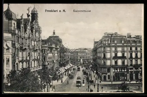 AK Frankfurt a. M., Kaiserstrasse mit Strassenbahnen aus der Vogelschau