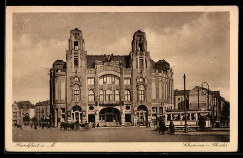 AK Frankfurt, Strassenbahn vor dem Schumann-Theater