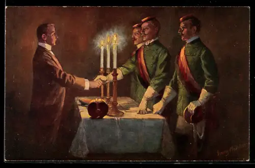 Künstler-AK Georg Mühlberg: Rezeption im Korps, Studenten bei feierlicher Zeremonie