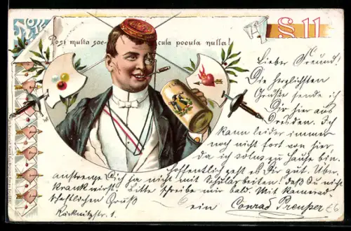 Lithographie Student mit Mütze und Bierkrug