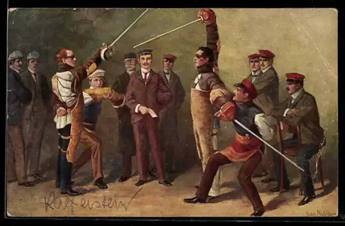 Künstler-AK Georg Mühlberg: Studenten fechten eine Mensur aus