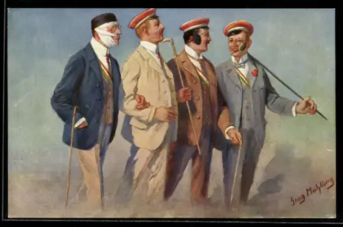 Künstler-AK Georg Mühlberg: Renommierbummel, Studenten nach der Mensur