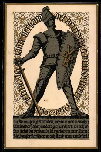 AK Jubiläumskarte zum 50. jährigen Bestehen des Verbandes der Deutschen Buchdrucker 1866 - 1916, Ritter in Rüstung