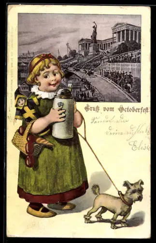 Künstler-AK München, Mädchen mit Kindl-Puppe und Hund, Festgelände