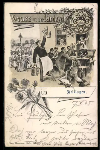 Lithographie Tanz und Wirtshausszene bei der Kirchweih
