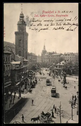 AK Frankfurt a. M., Zeil, Kathar.-Kirche, Hauptwache, Strassenbahnen