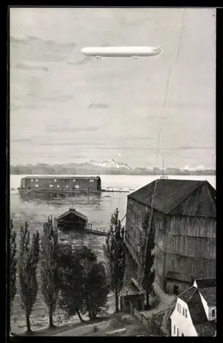 Künstler-AK Manzell, die Wiege der Zeppelin-Luftschifffahrt, Zeppelin über dem See