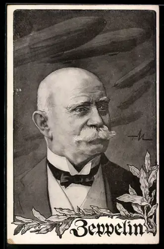 AK Portrait Graf von Zeppelin und seine Luftschiffe über ihm
