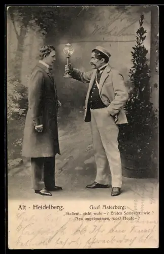 AK Alt-Heidelberg, Theaterszene, Graf Asterberg im Dialog mit Student