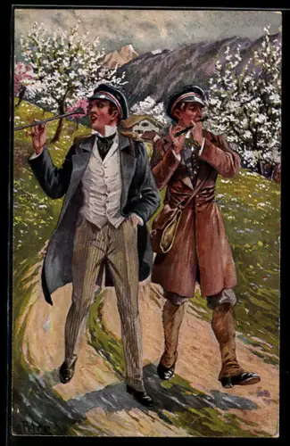 Künstler-AK Georg Mühlberg: wandernde Studenten beim Singen & Musizieren, Flöte