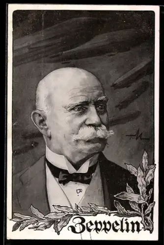 AK Portrait Graf von Zeppelin und seine Luftschiffe über ihm