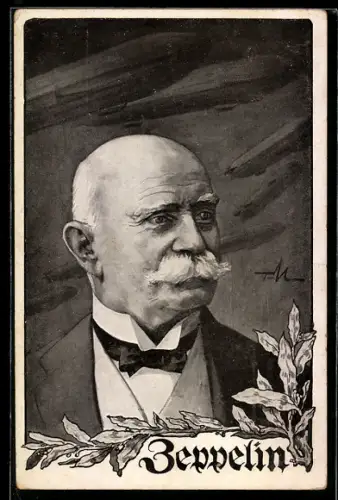 AK Portrait Graf von Zeppelin und seine Luftschiffe über ihm