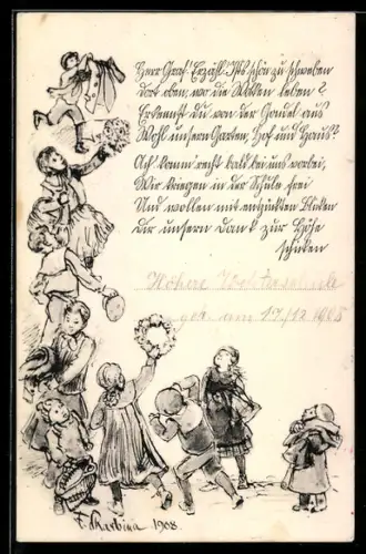 Künstler-AK Franz Skarbina: Kinder blicken zum Himmel, Schreiben an Graf Zeppelin