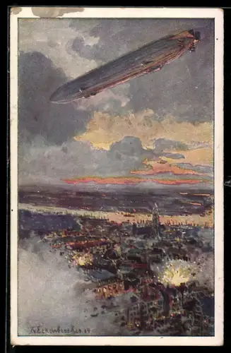 Künstler-AK Eckenbrecher: Zeppelin über Antwerpen, Bombardement