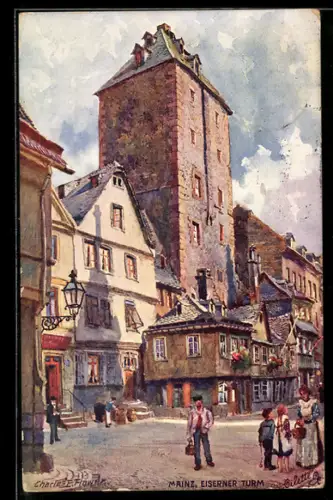 Künstler-AK Charles F. Flower: Mainz, Passanten vorm Eisernen Turm