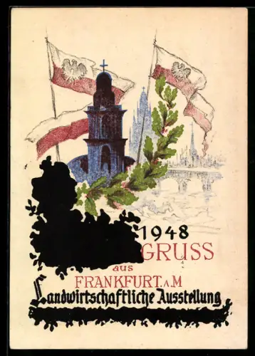 AK Frankfurt a. M., Landwirtschaftliche Ausstellung 1948, Fahnen und Stadtpanorama